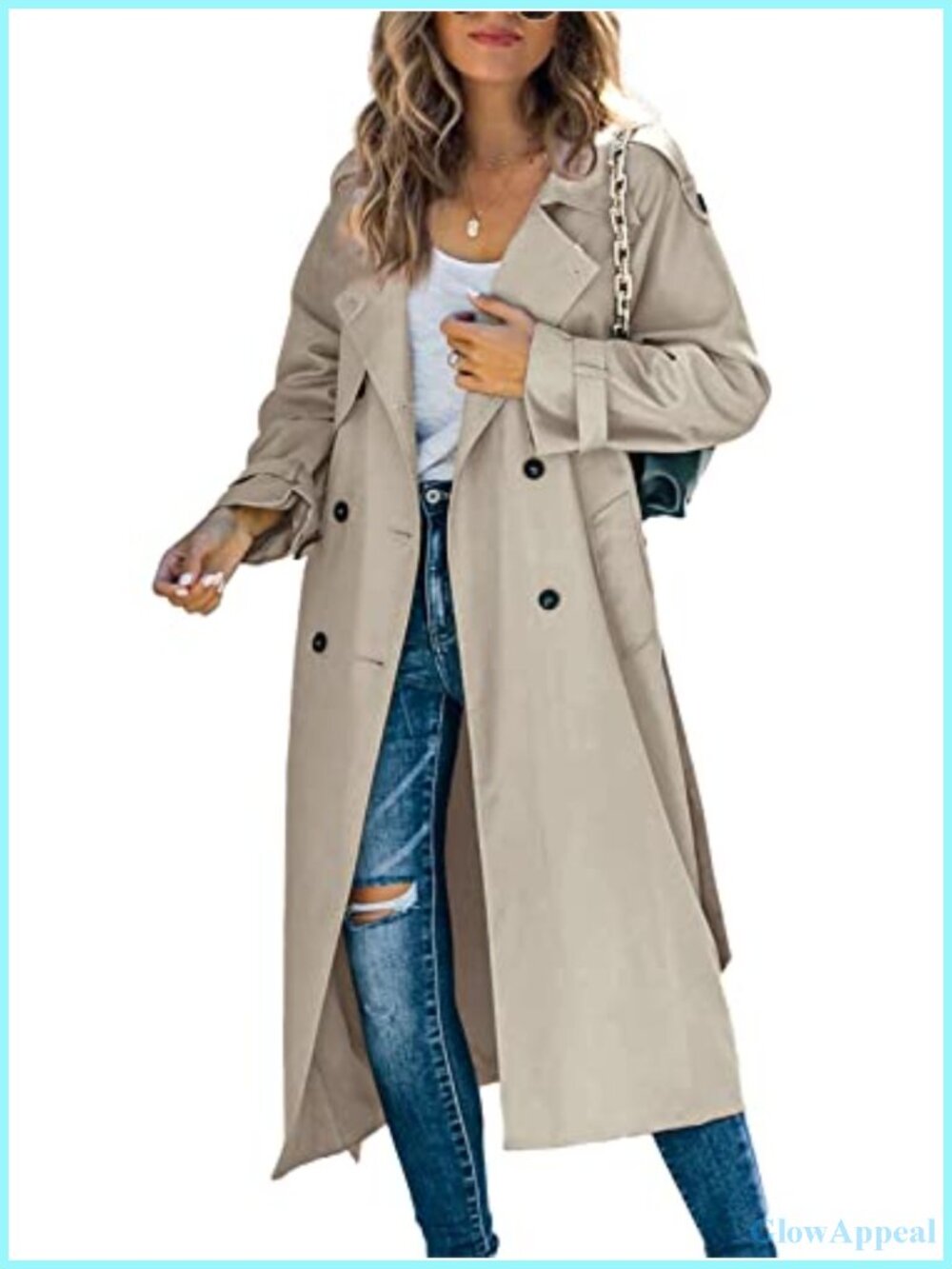 Women's Long Double Breasted Trench Coat Windproof with Belt